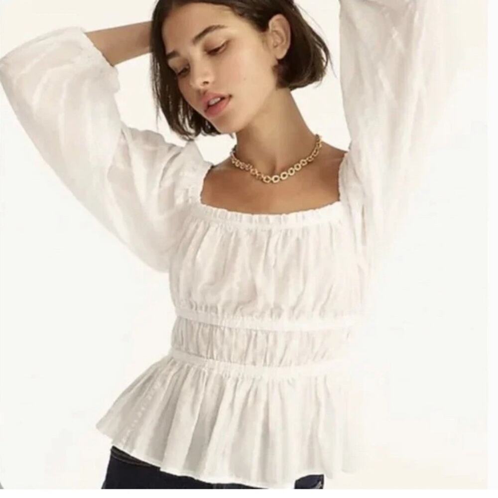 J. Crew Puff-Sleeve White Textured Cotton Blouse Top size Large